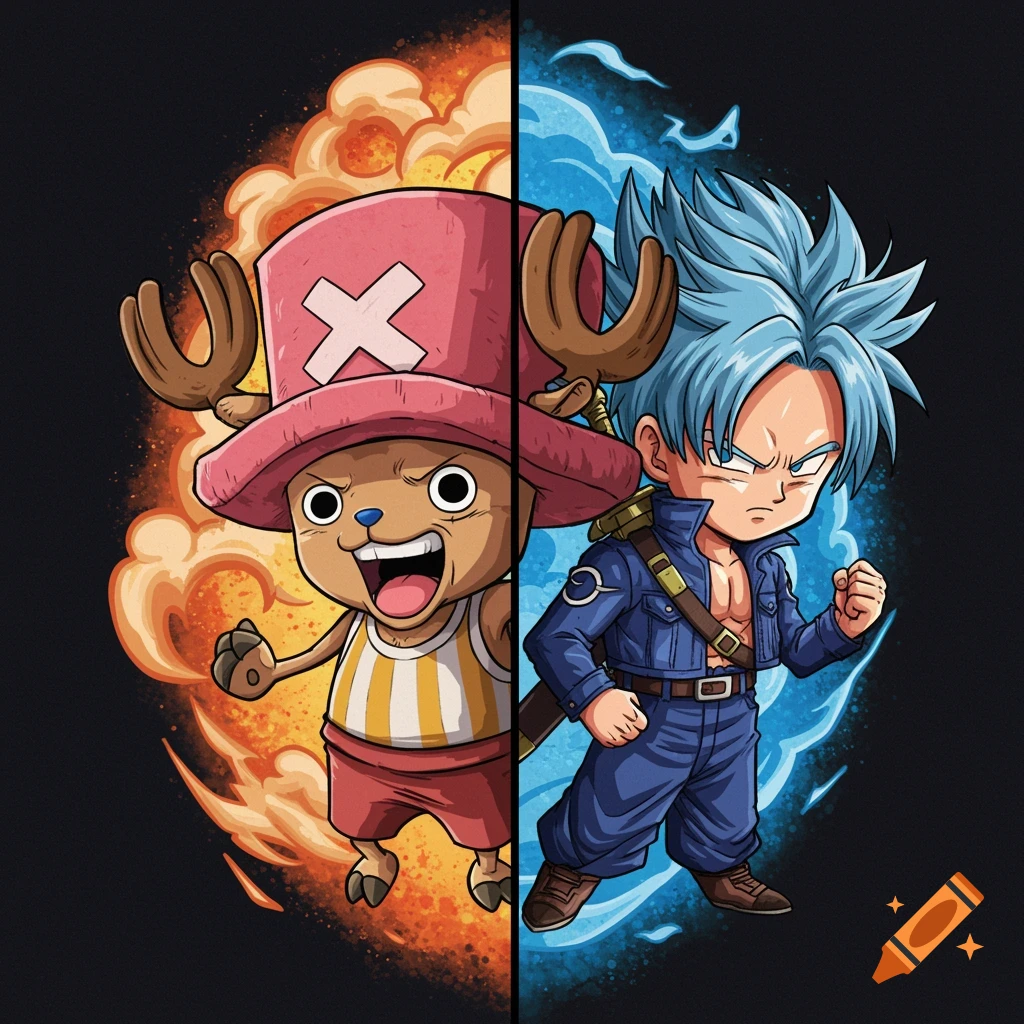 Chibi versions of Chopper from One Piece and Trunks from Dragon Ball Z, split by fire and ice backgrounds.
