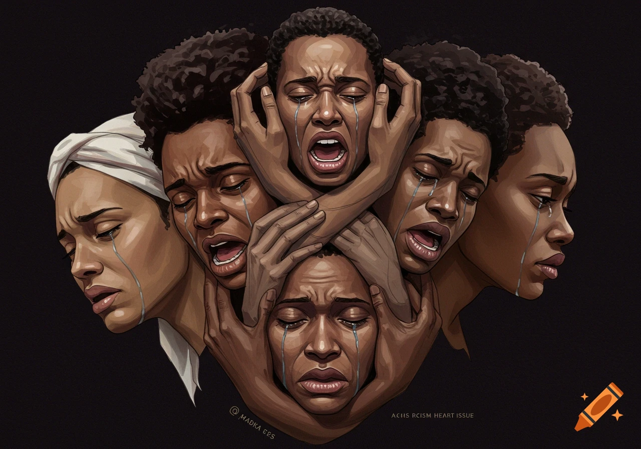An emotional, stylized illustration of multiple dark-skinned faces intertwined, all expressing anguish and crying. One central face is held by hands. The image depicts sorrow and pain.