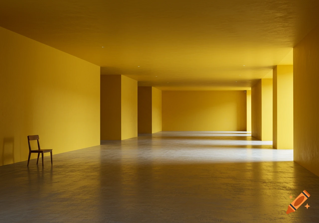 A vast, empty room with bright yellow walls and a concrete floor, bathed in sunlight. A single wooden chair sits in the foreground.