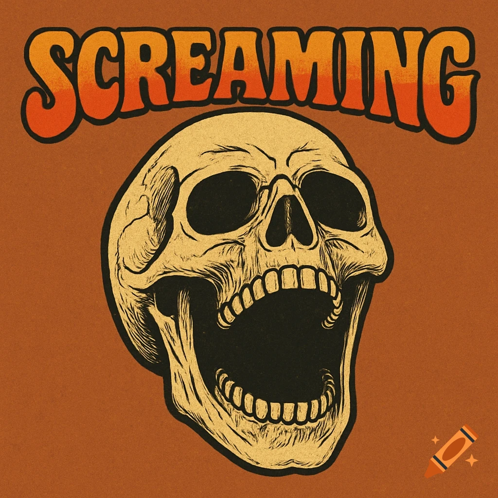 A vintage 1970s style illustration of a screaming skull with the word 'SCREAMING' above it.