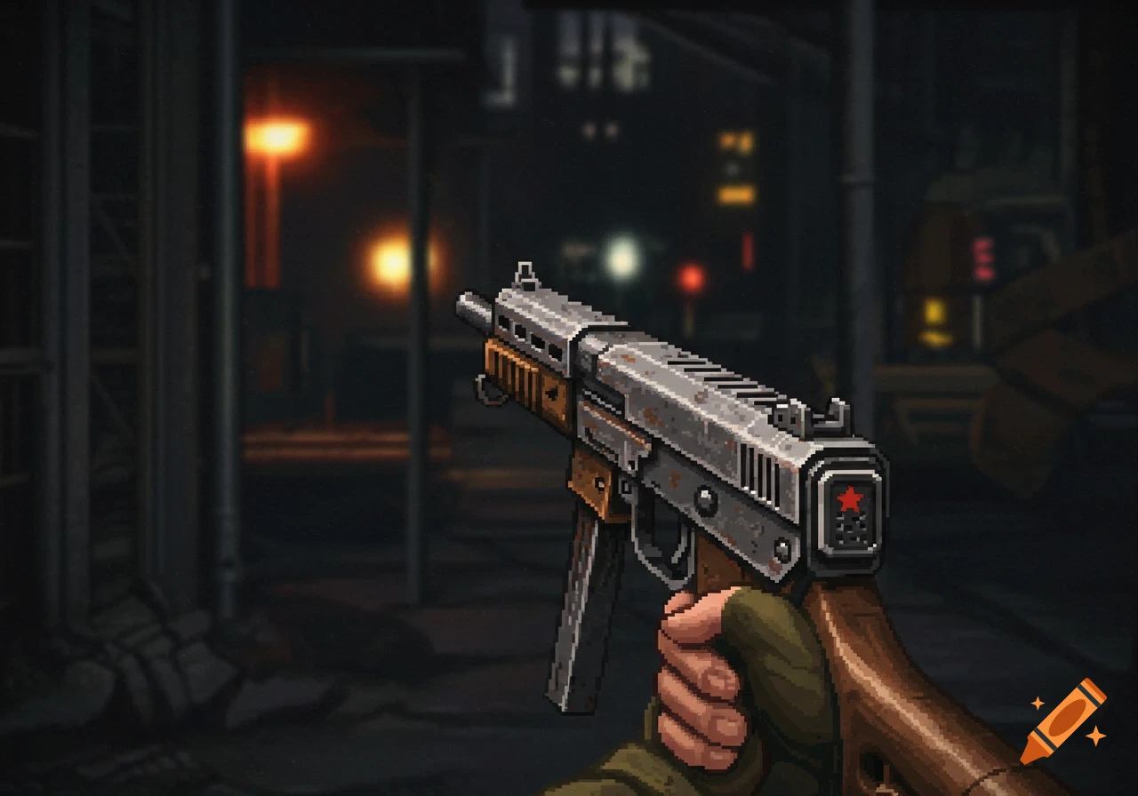 Pixel art, first-person view of a hand holding a rustic submachine gun with a red star on its rear, against a dark, blurry dystopian cityscape.
