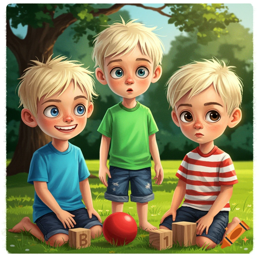 Three blond boys playing with a red ball and wooden blocks in a grassy park, illustrated in a cartoon style.