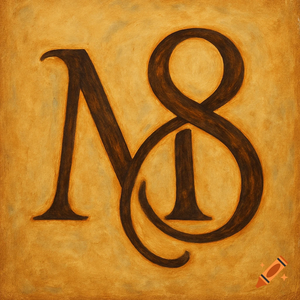 A dark brown intertwined monogram of the letter M and the number 8 on a textured, warm golden background.