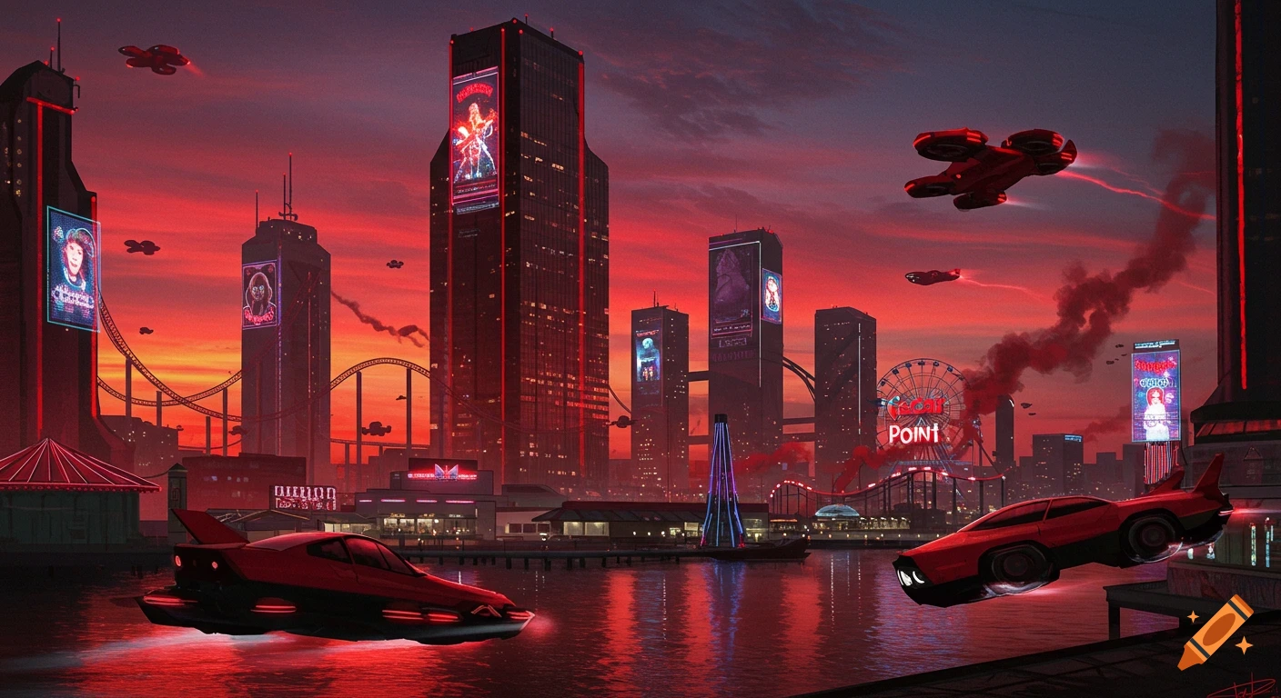 A futuristic red and black cityscape at sunset with towering ...