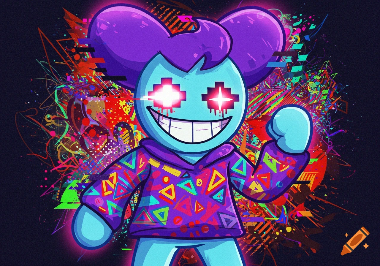 A blue cartoon character with purple hair and pixelated red eyes, smiling, in a vibrant glitch art style.