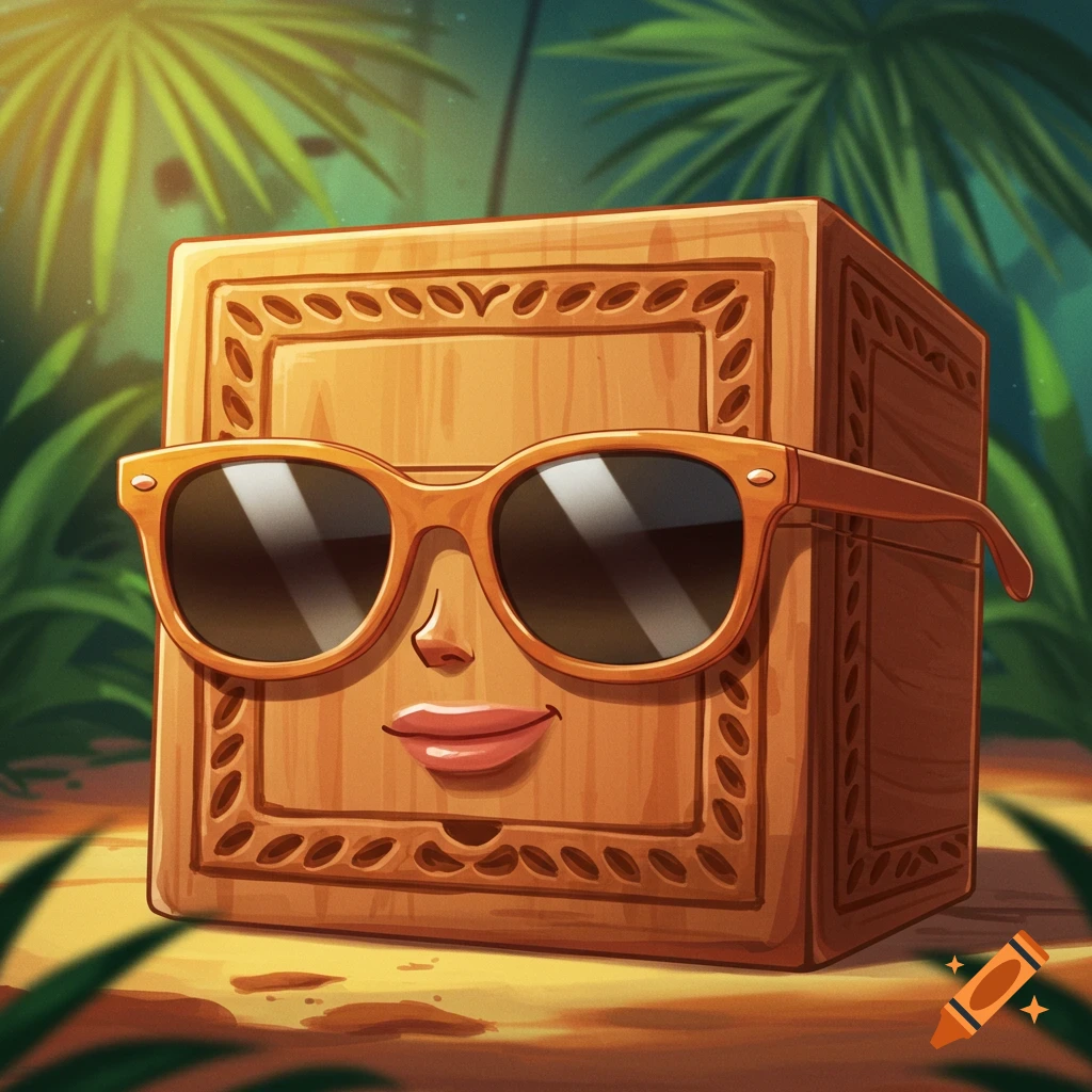 A wooden box with carved details wears orange sunglasses and red lips, set against a vibrant tropical jungle background.