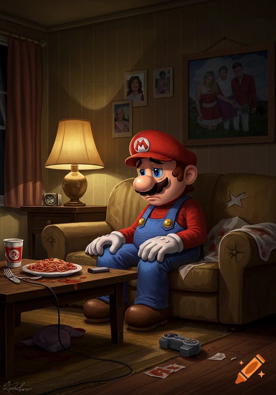 A sad Mario sits on a couch in a dimly lit living room, next to a plate of spaghetti and a drink, with game controllers and spilled red liquid on the floor.
