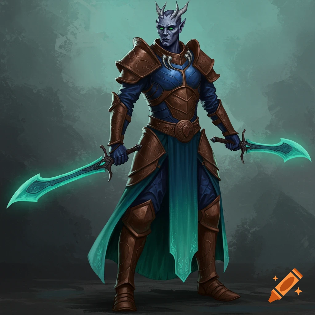 A grey-skinned fantasy warrior with horns, glowing green eyes, and dark blue and brown armor, holding two glowing blue-green swords.