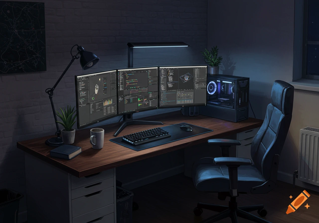 A dark room features a modern computer desk with three glowing monitors displaying code, a gaming chair, and a desktop PC.