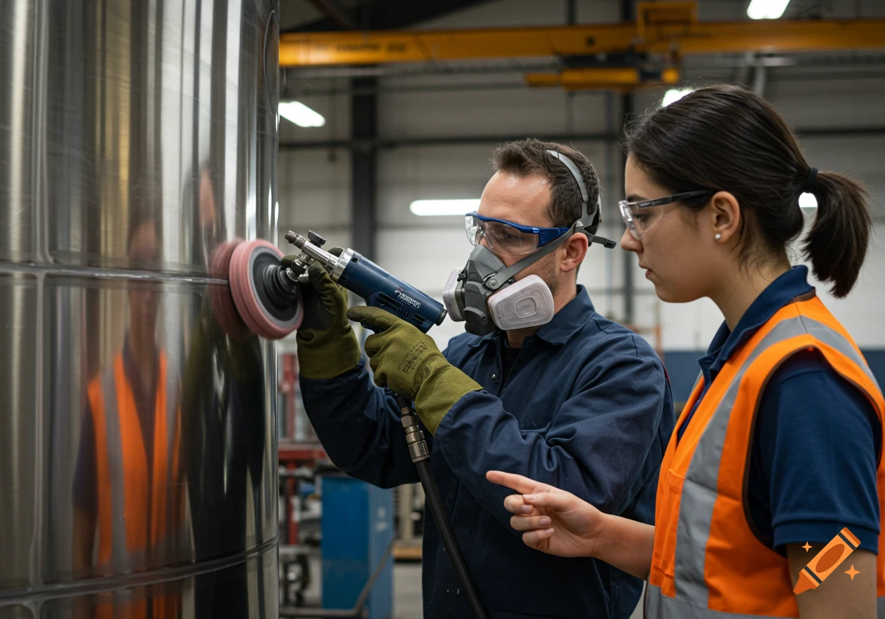 A man in a respirator and safety glasses polishes a metal tank, as a woman in a safety vest watches in an industrial setting.