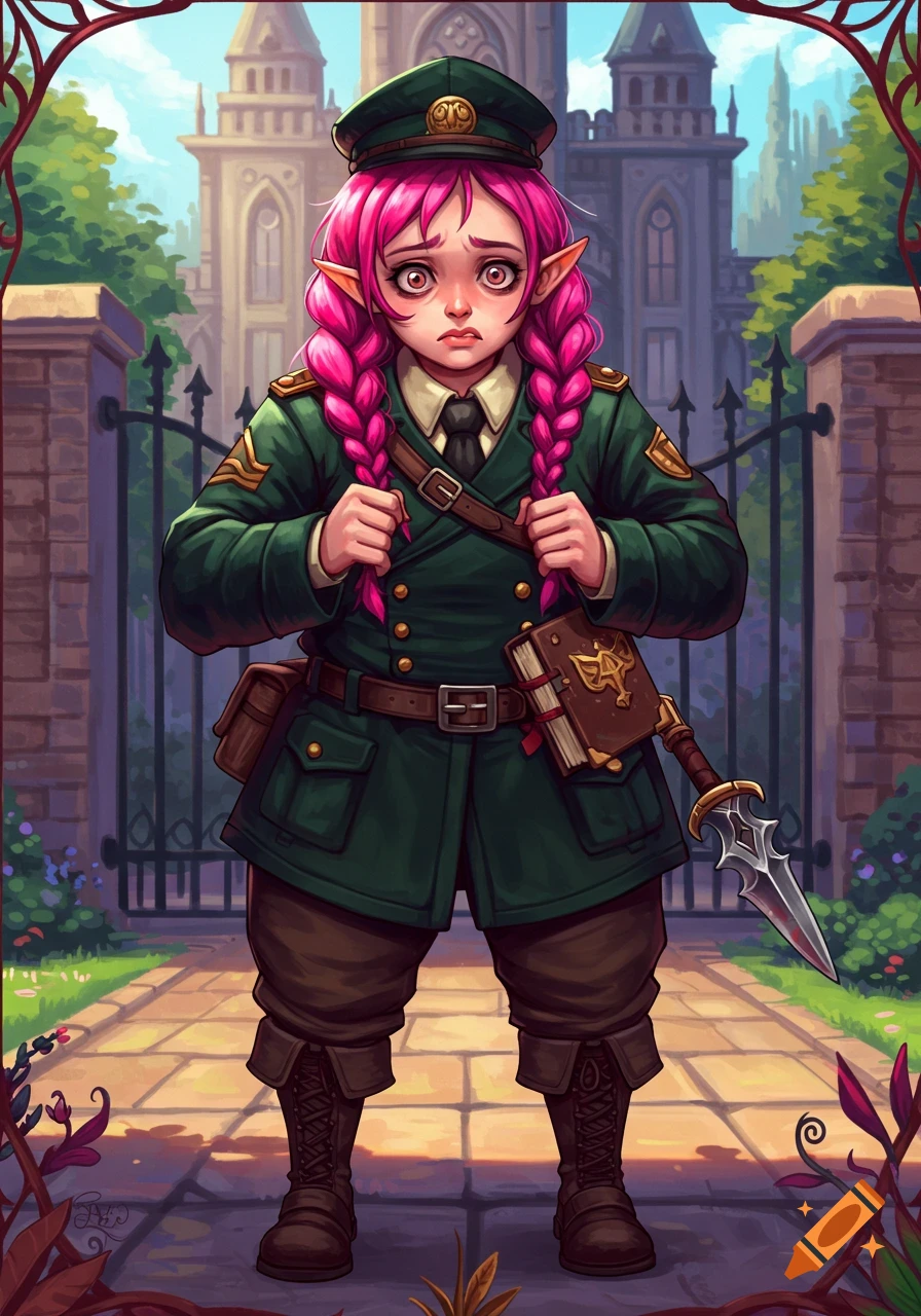 A wide-eyed, pink-braided elf-like monster hunter in a green military uniform stands nervously in front of an academy gate.