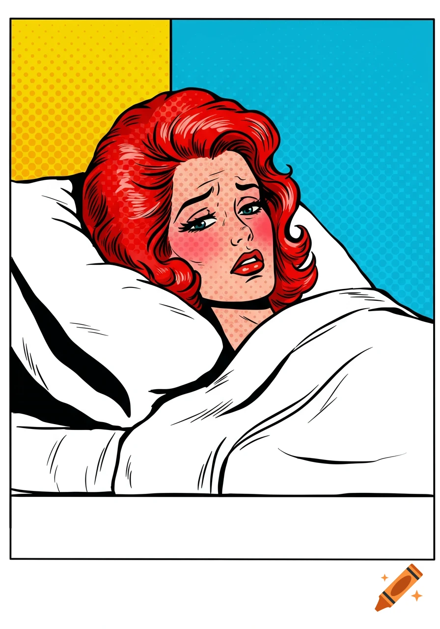 Pop art style illustration of a sad redhead woman lying in bed, covered by a white blanket.