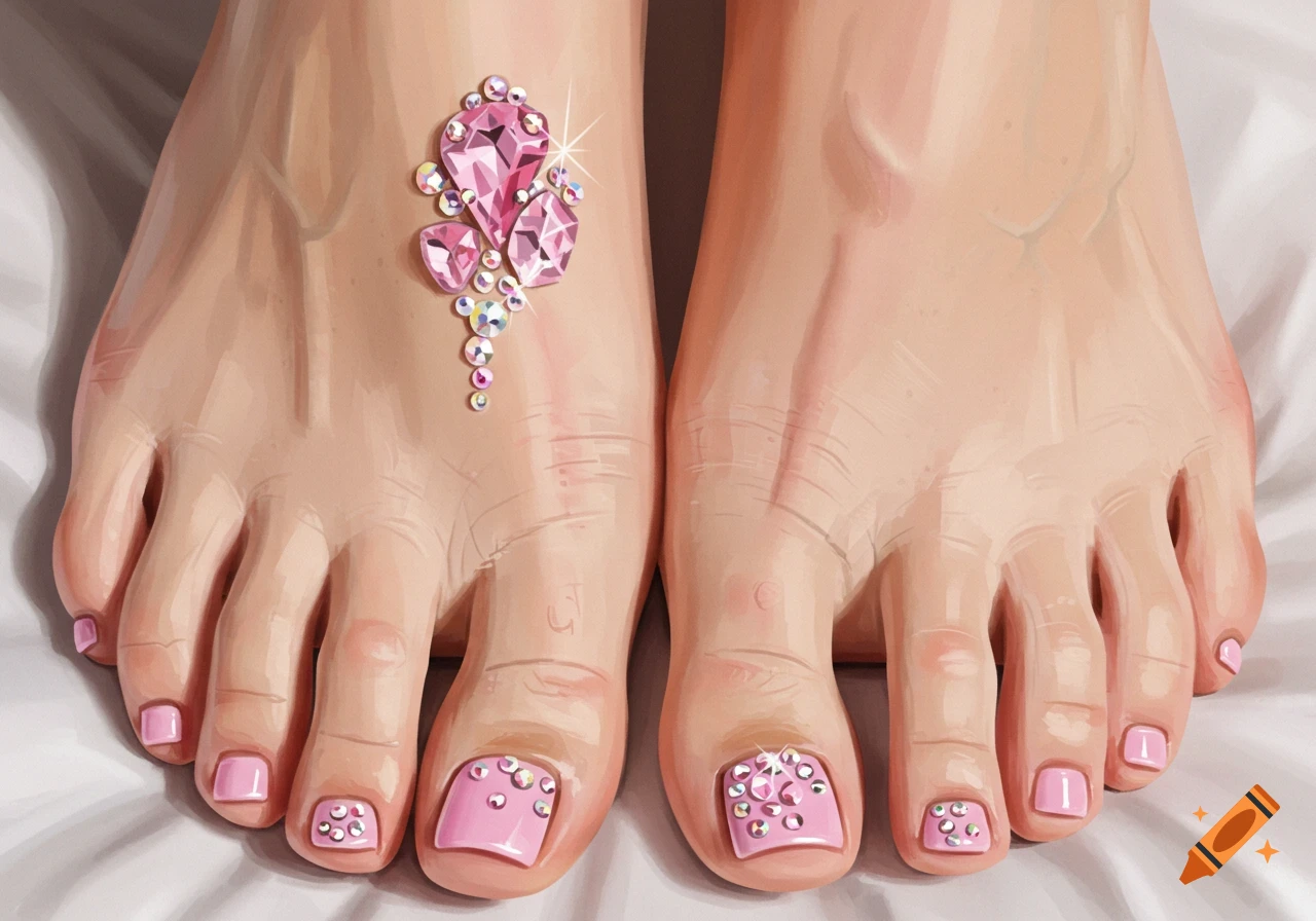 Two mature feet with pink toenail polish, adorned with pink crystals on the toes and one foot, on a white surface.