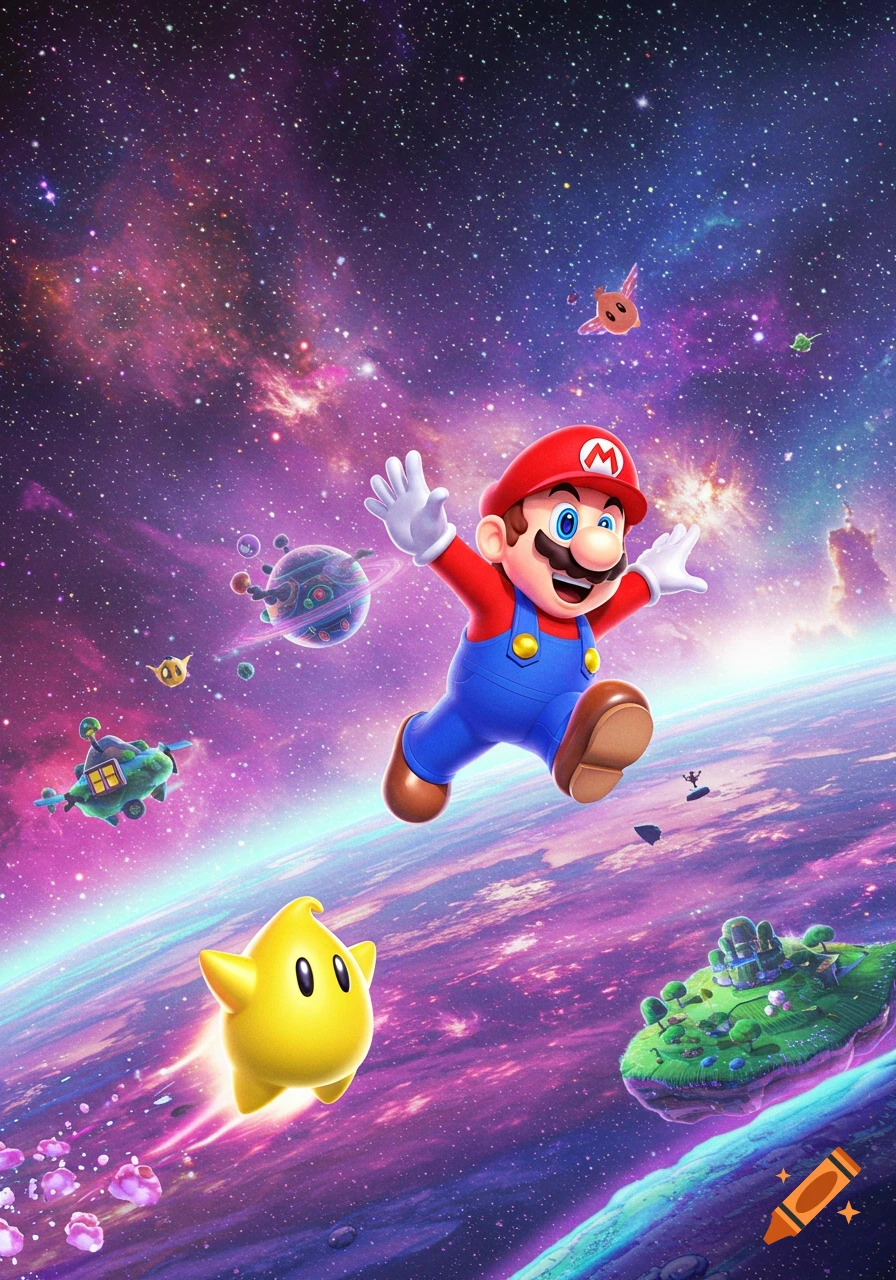 Mario jumps through a vibrant, star-filled galaxy with planets and a yellow Luma star.