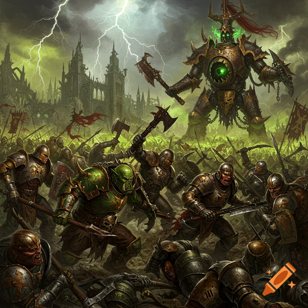 Dark fantasy art of a chaotic Warhammer battle with armored warriors, an orc, and a giant mech in a ruined city under green lightning.
