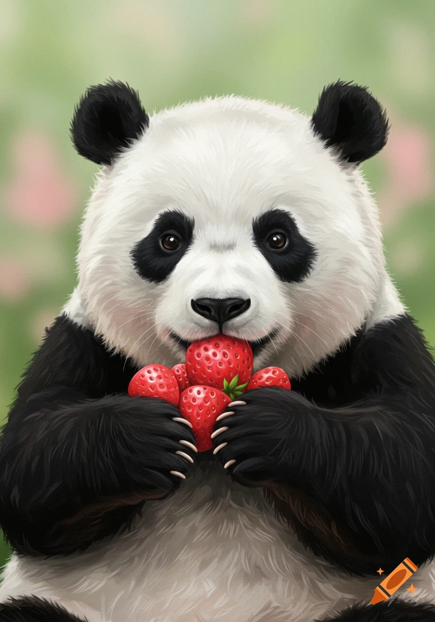 A cute panda smiles while holding a bunch of red strawberries to its mouth.