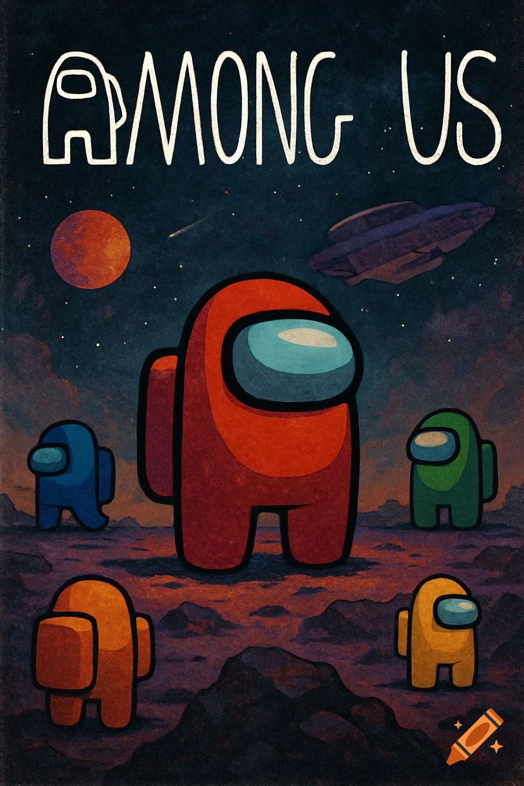 A stylized poster for Among Us, featuring a large red character with smaller blue, green, orange, and yellow characters on a rocky, dark red alien landscape under a starry sky with a large red moon and a spaceship. The title "AMONG US" is at the top.