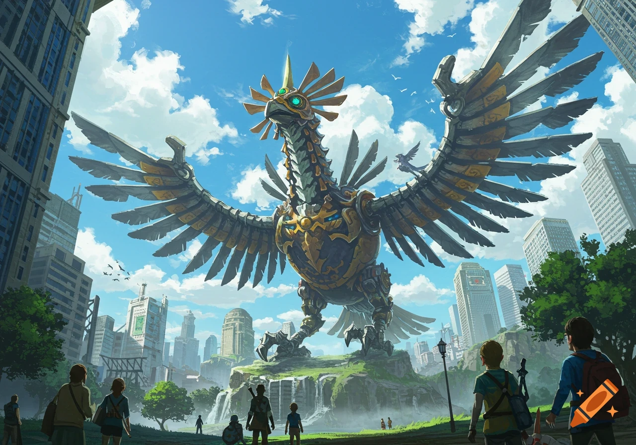 A giant mechanical bird-like creature, Divine Beast Vah Medoh, stands over a modern city, viewed by people below.