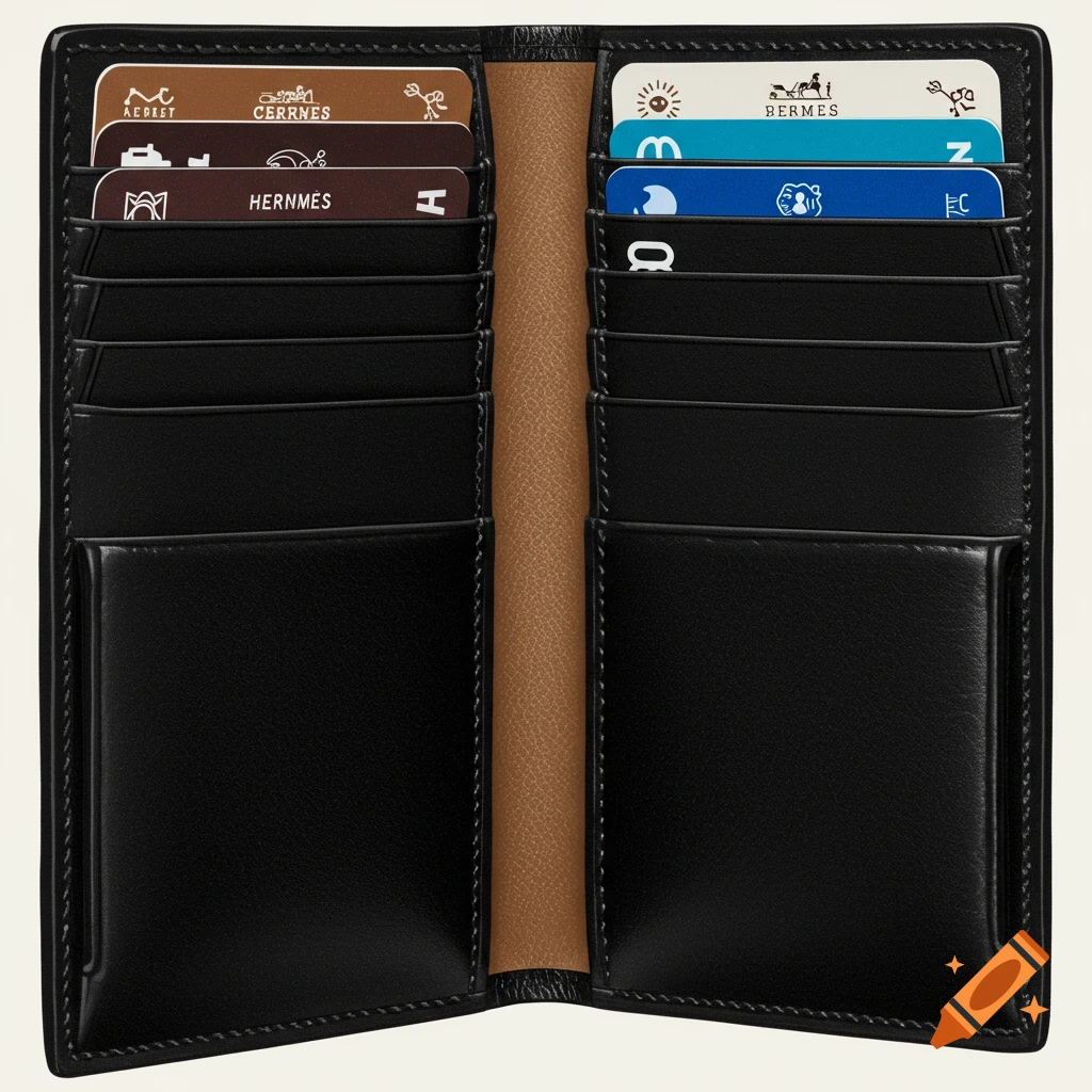 An open black bifold wallet made from Hermes Madame leather with a light brown interior, filled with credit cards showing various designs and text.