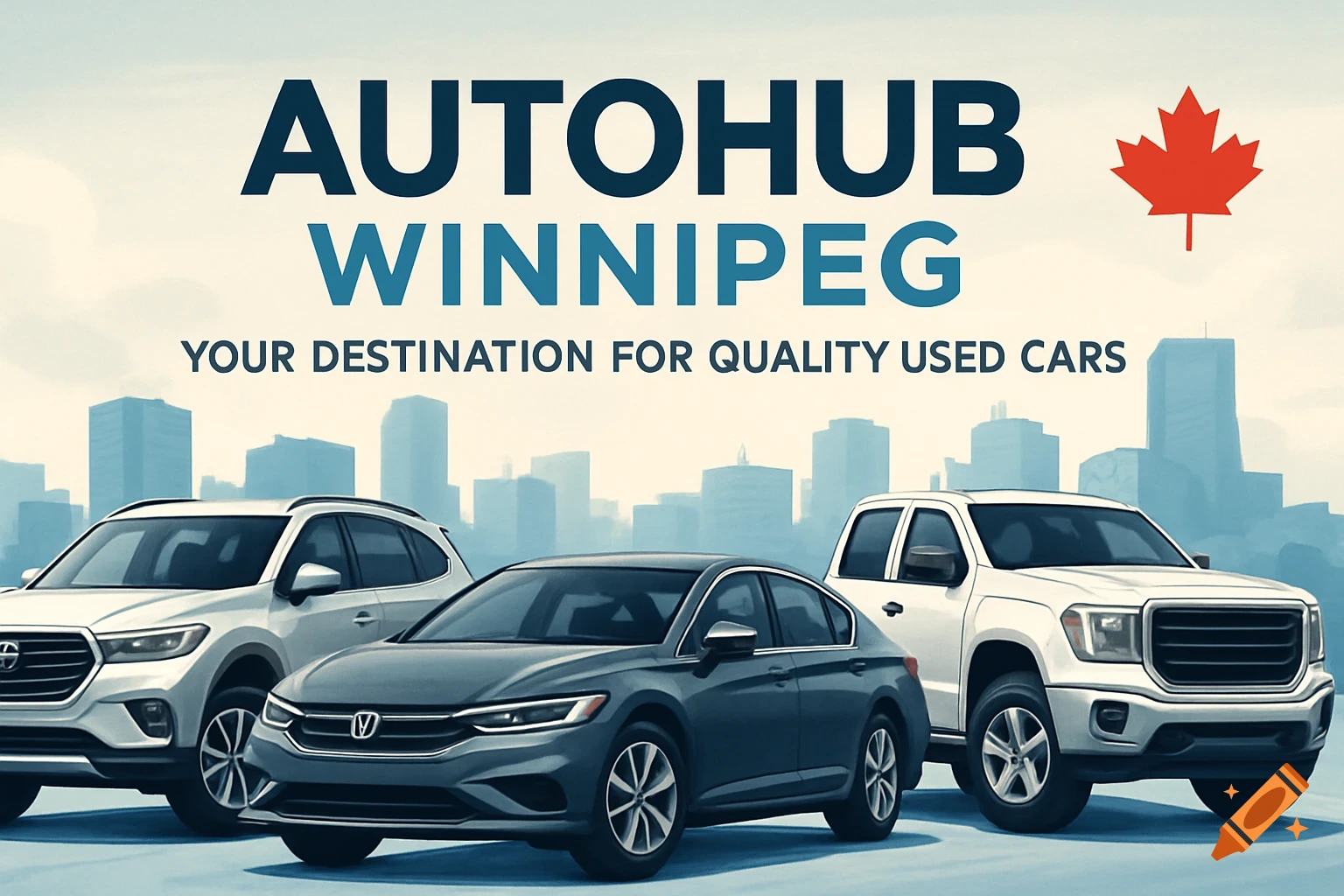 A white SUV, a gray sedan, and a white pickup truck parked in front of a blue city skyline with a bright sky. Large text reads "AUTOHUB WINNIPEG" and "YOUR DESTINATION FOR QUALITY USED CARS". A red Canadian maple leaf is in the top right.