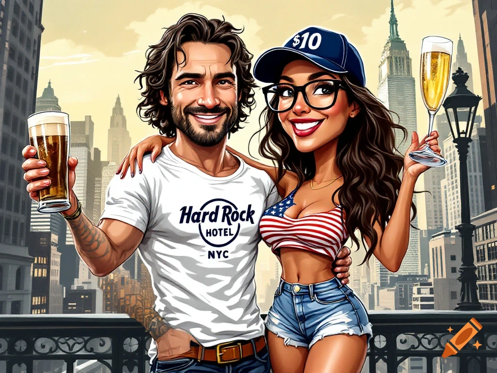 A caricature of a smiling couple in New York City. The man holds a beer, wearing a Hard Rock Hotel NYC shirt. The woman holds champagne, wearing a Stars and Stripes crop top and a '$10' cap.