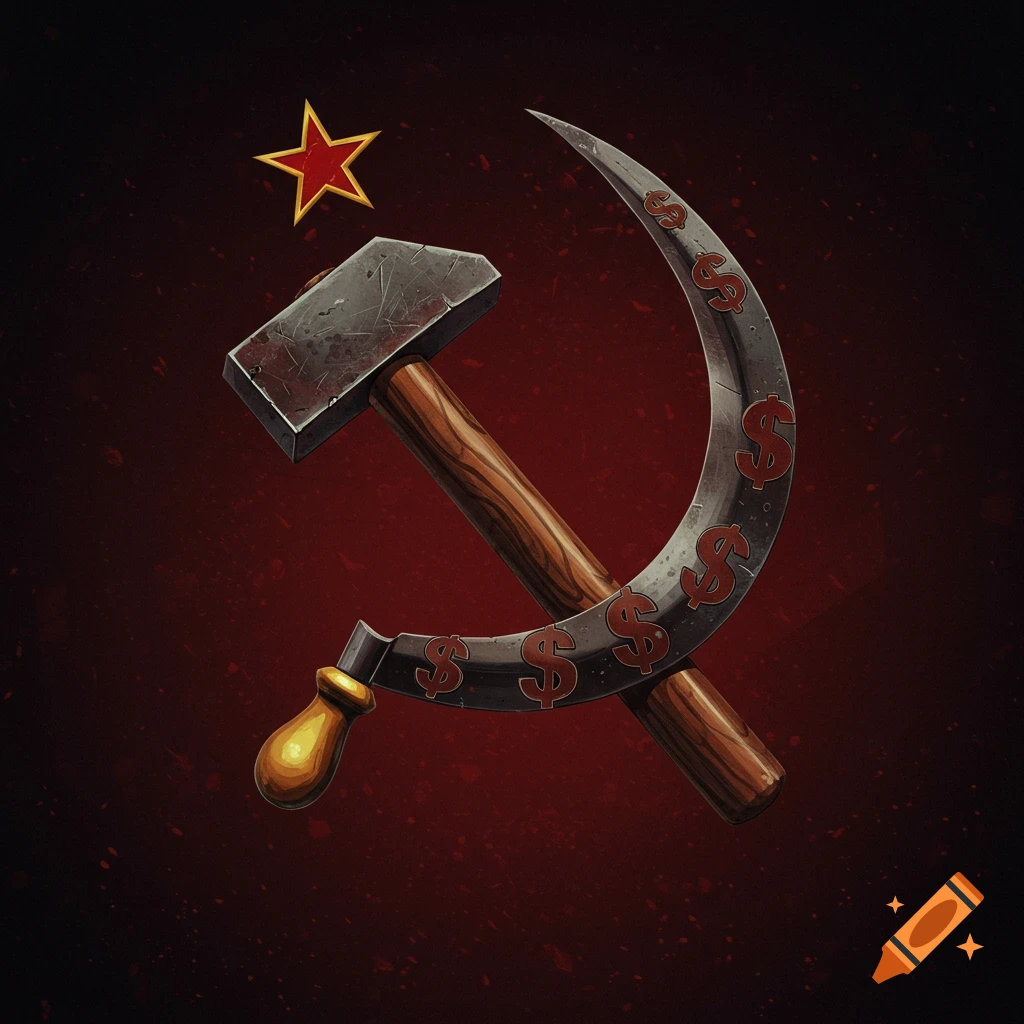 A stylized image of a hammer and sickle, with dollar signs on the sickle's blade, set against a dark red background.