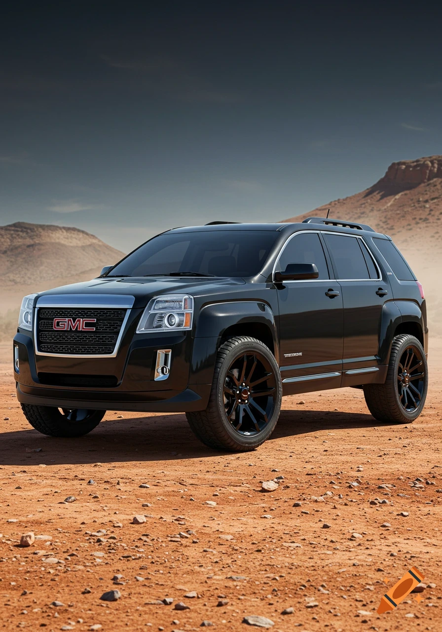 A black GMC Terrain SUV parked on a reddish-brown dirt road in a desert landscape with mountains in the background under a blue sky.