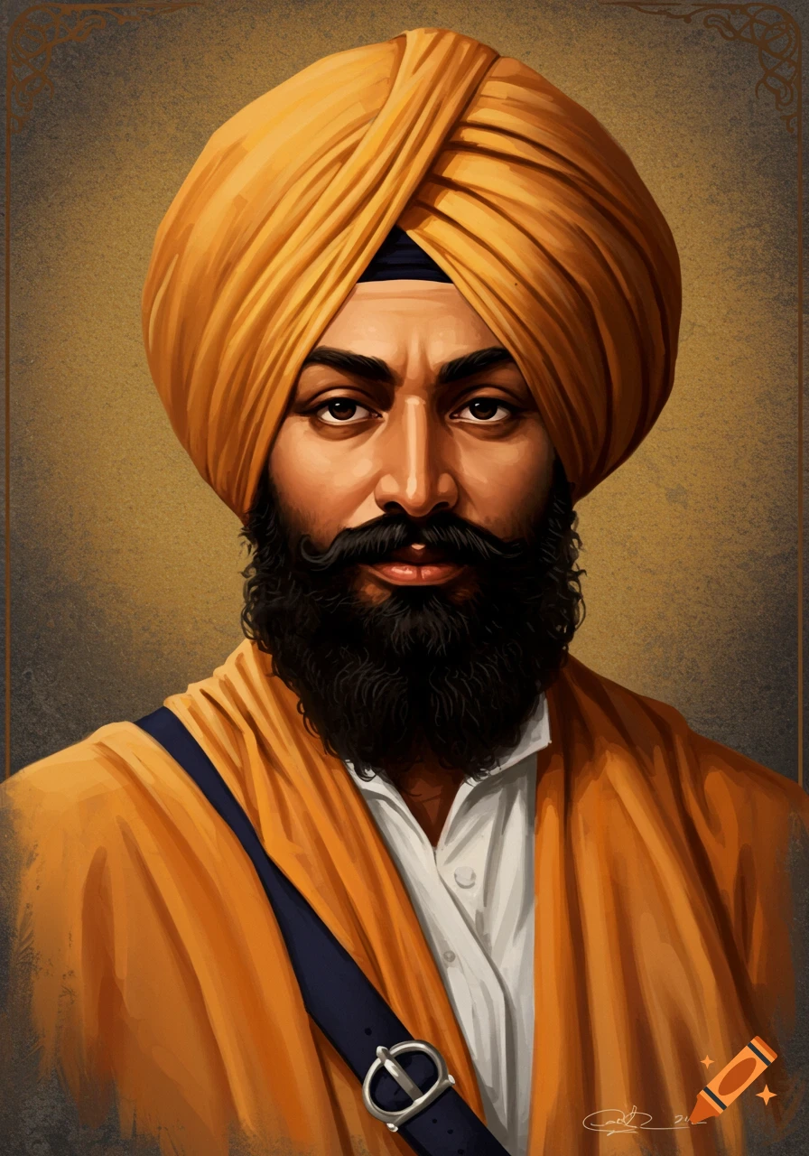 Digital painting of a man with a dark beard and orange turban, wearing an orange tunic and a dark blue strap across his chest, against a textured golden background.