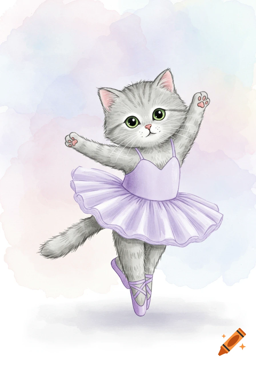 Watercolor illustration of a grey kitten wearing a lavender ballet tutu and pointe shoes, dancing gracefully.