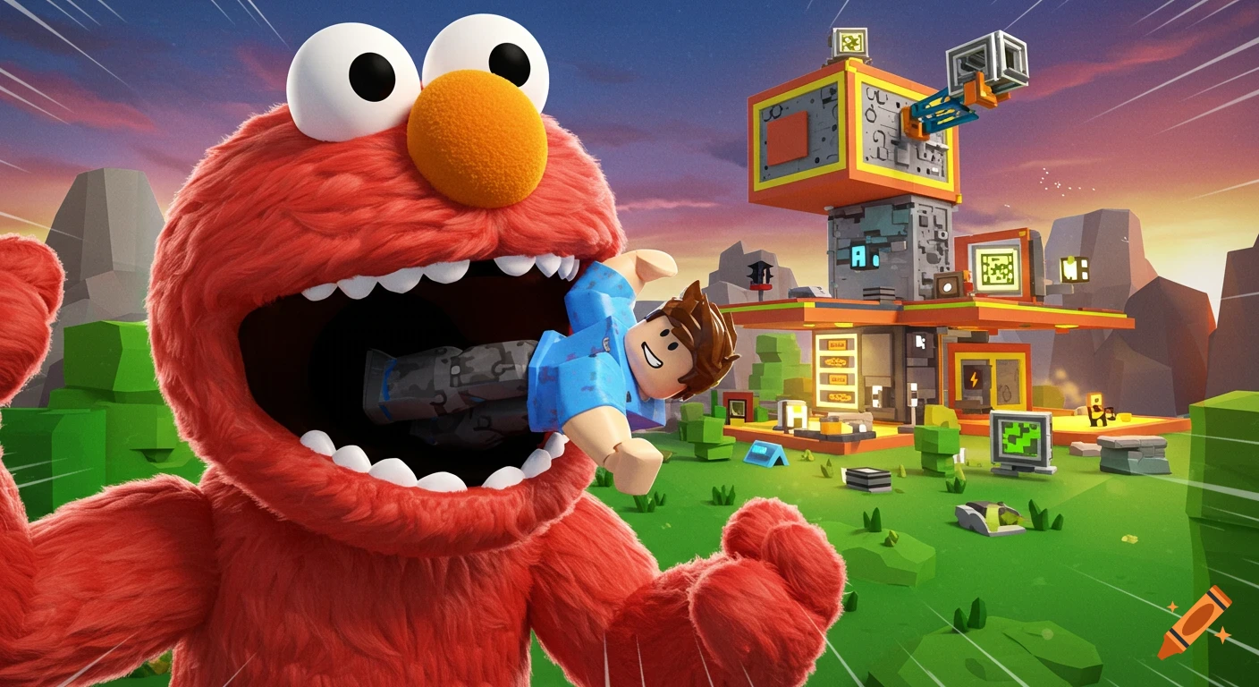 A giant red Elmo character opens its mouth wide, appearing to eat a Roblox character, while a colorful Roblox obby structure is visible in the background under a sunset sky.