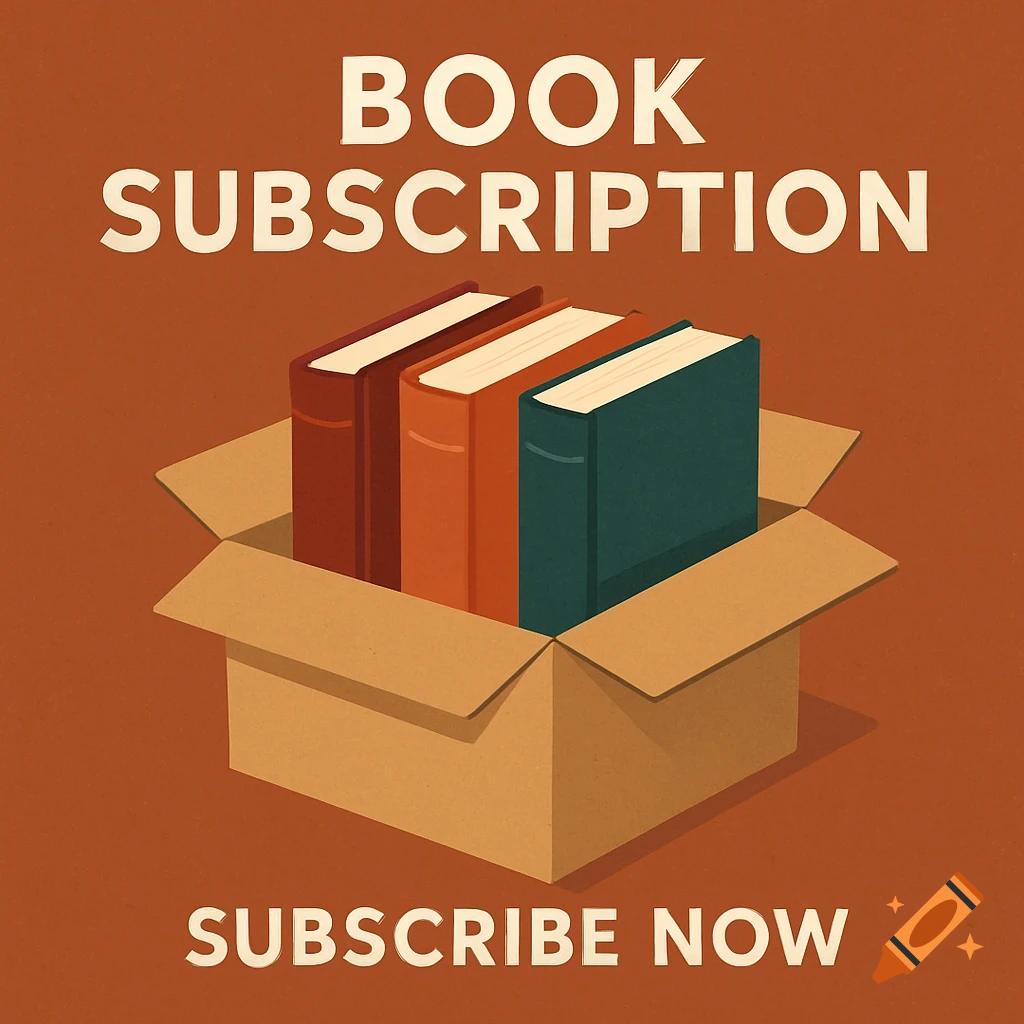 A flat design illustration shows three books in an open cardboard box with text "BOOK SUBSCRIPTION" and "SUBSCRIBE NOW".