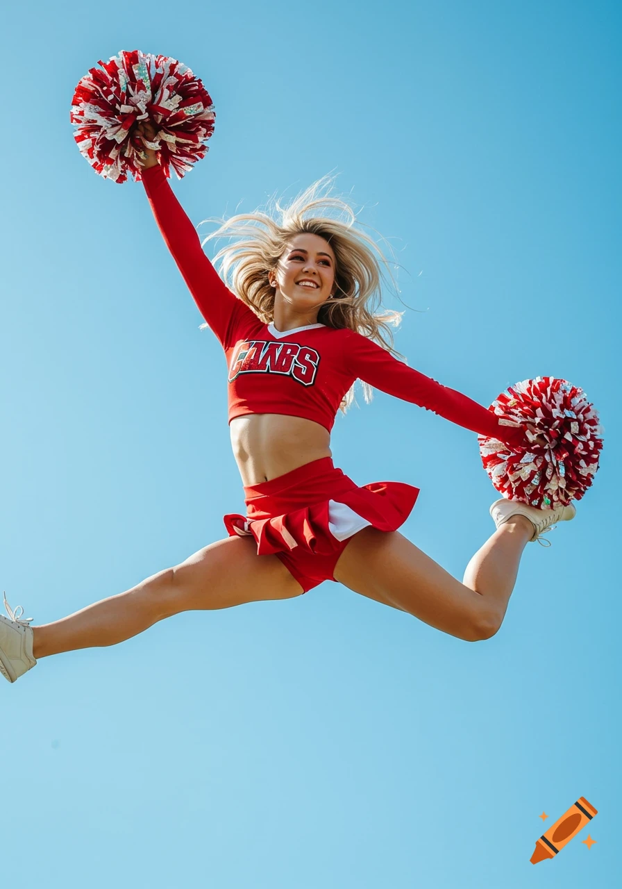 A blonde cheerleader in a red uniform with pom-poms performs a high split jump against a clear blue sky.