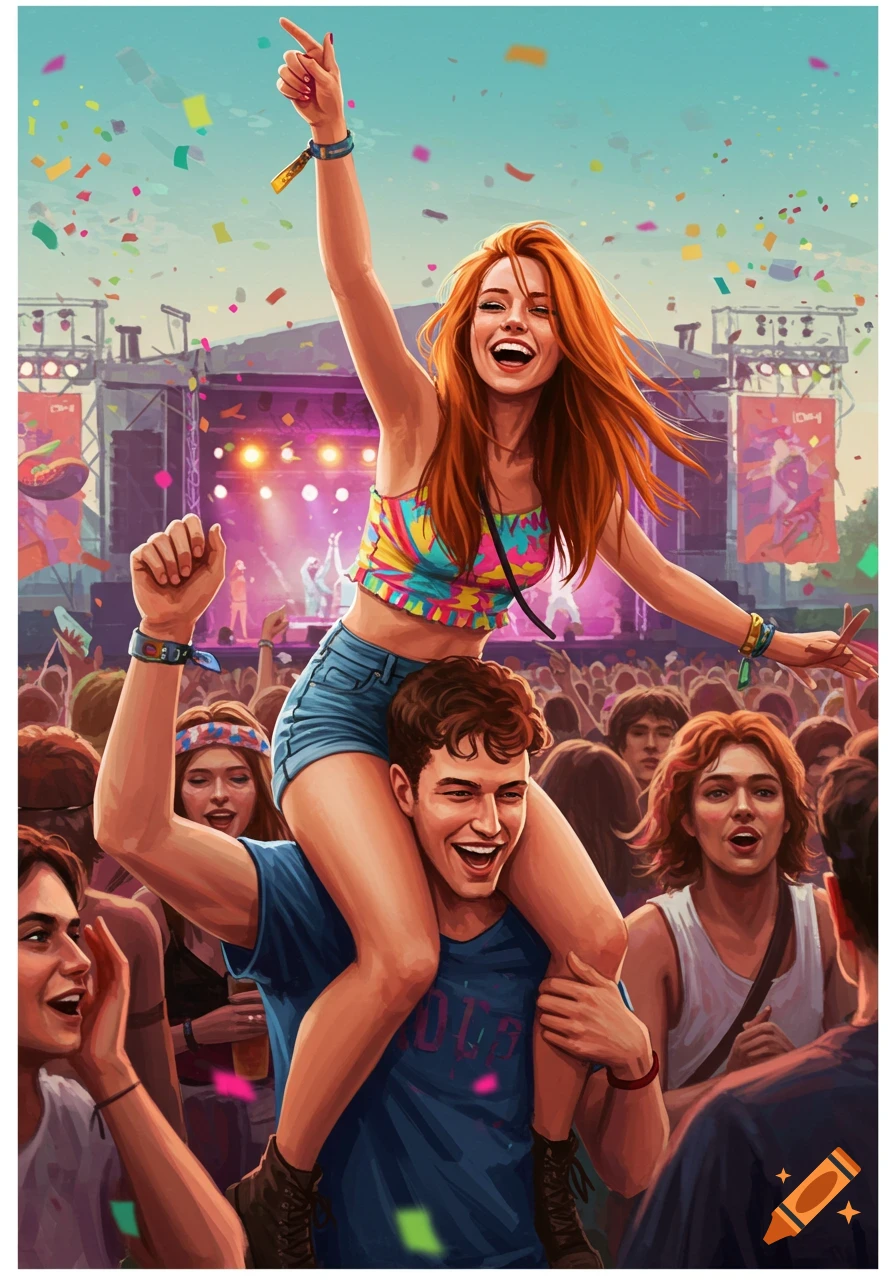 Vibrant illustration of a smiling woman with red hair on a man's shoulders at a crowded music festival with confetti.