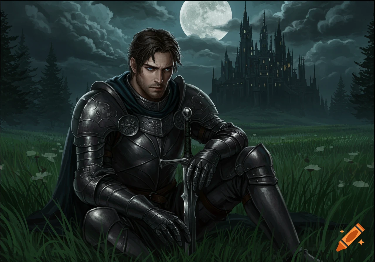 A dark fantasy knight in armor sits in a field under a full moon, with a towering castle in the background.