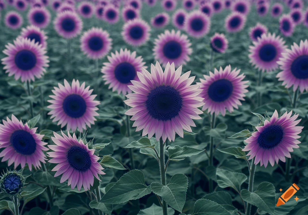 A close-up view of a field of purple sunflowers with dark centers and green leaves under a bright sky.