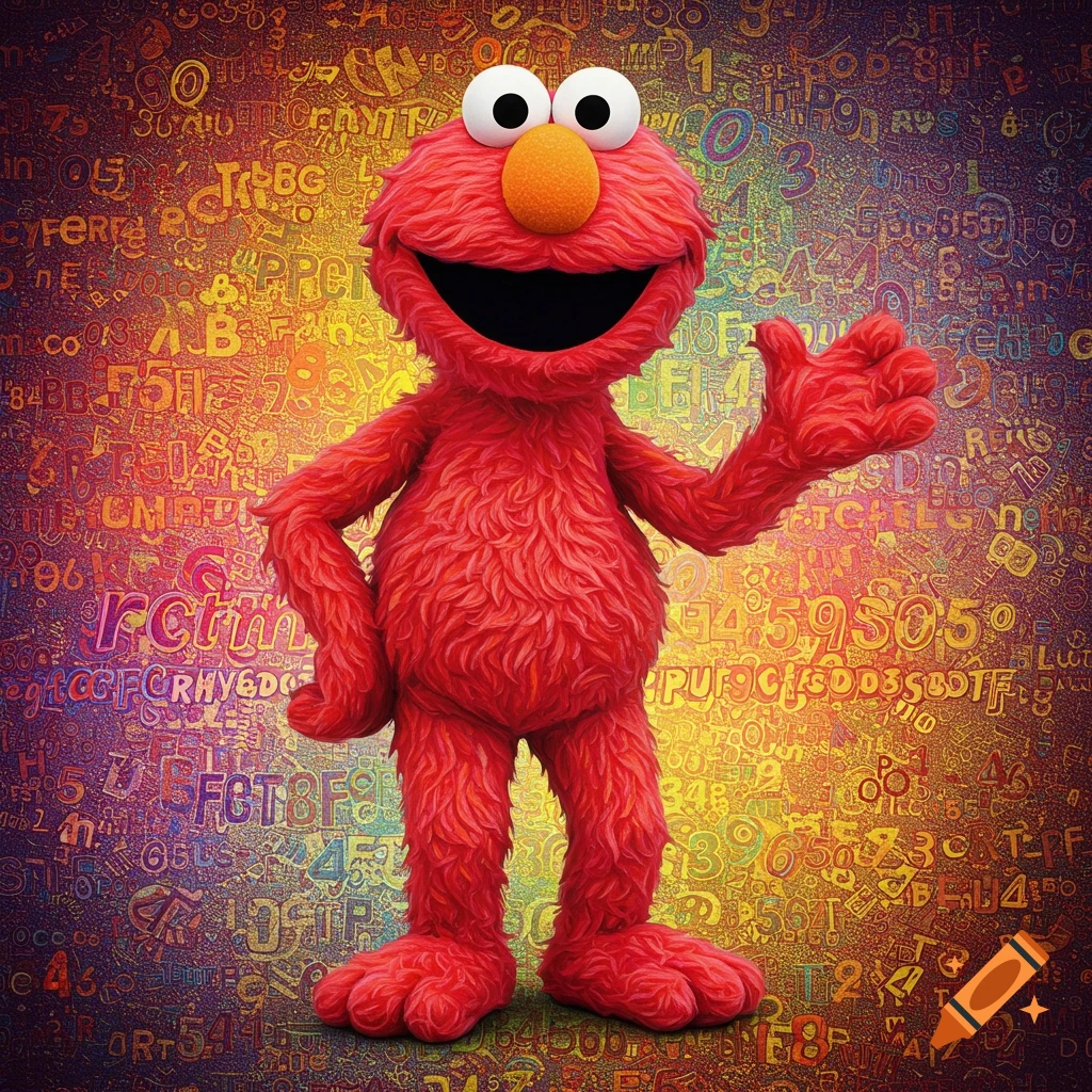 Elmo, the red furry character, stands smiling with a raised hand against a vibrant, abstract background filled with colorful, jumbled letters and numbers.