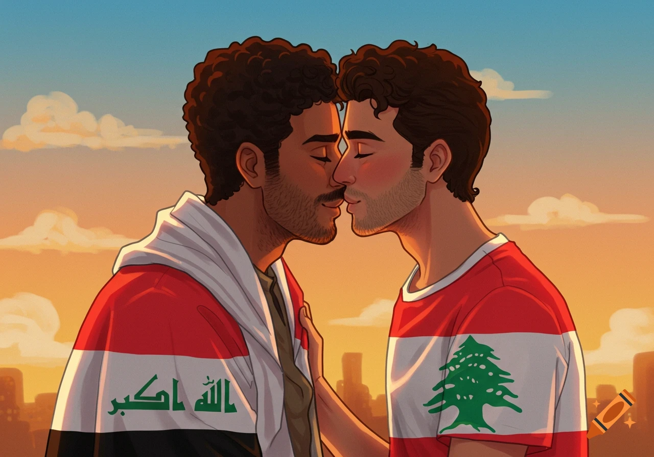Digital illustration of two men, one in an Iraqi flag jacket and one in a Lebanese flag shirt, leaning in to kiss against a sunset sky.