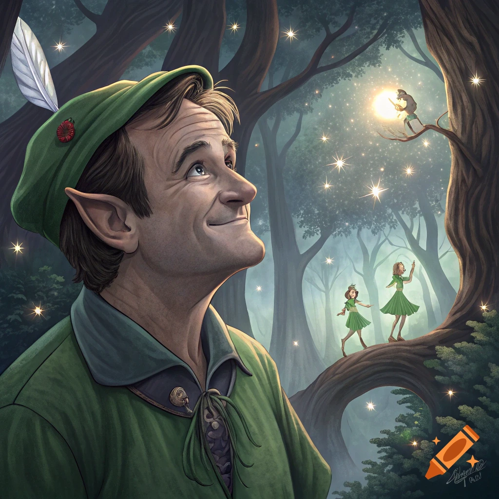 An illustrated portrait of Robin Williams as an adult Peter Pan, smiling and looking up in a magical, glowing forest with small fairy-like figures.