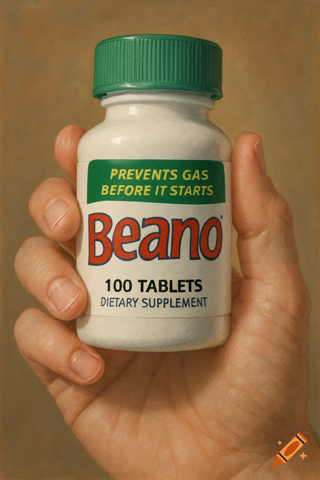 Close-up, photorealistic image of a hand holding a white bottle of Beano dietary supplement with a green cap and label.