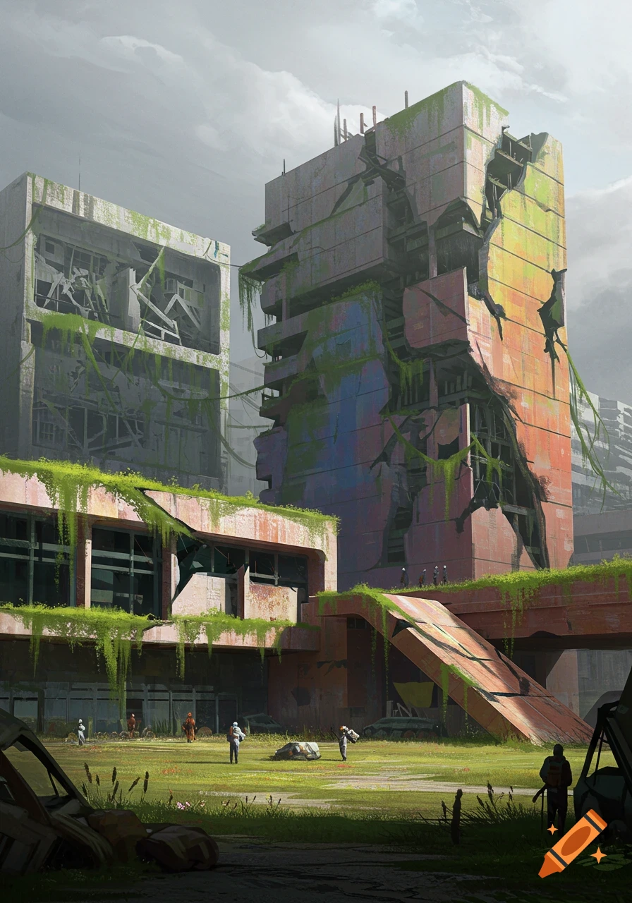 An overgrown, dystopian cityscape with crumbling buildings, green moss, and small figures in a grassy, debris-strewn foreground under a cloudy sky.