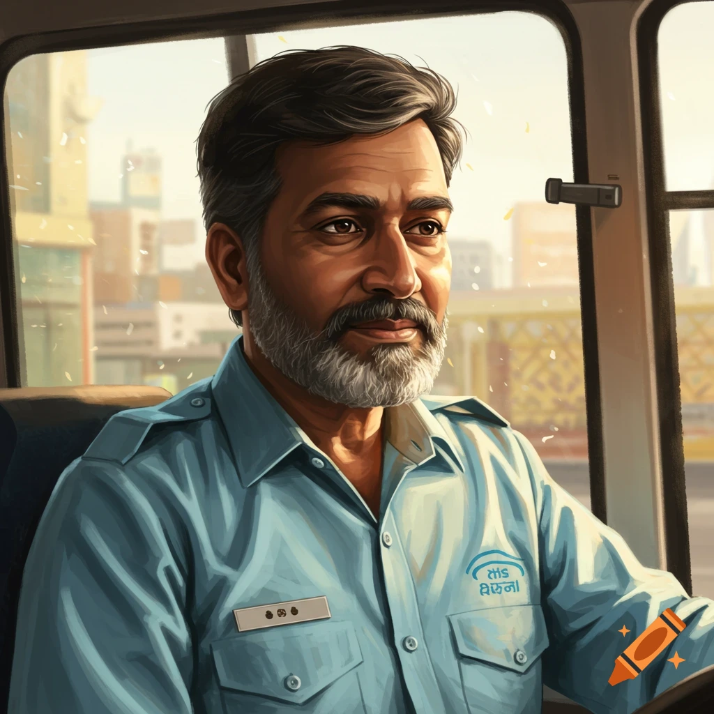 Close-up portrait of a man with dark hair and a gray beard, wearing a light blue bus driver's uniform, looking out the window of a bus.