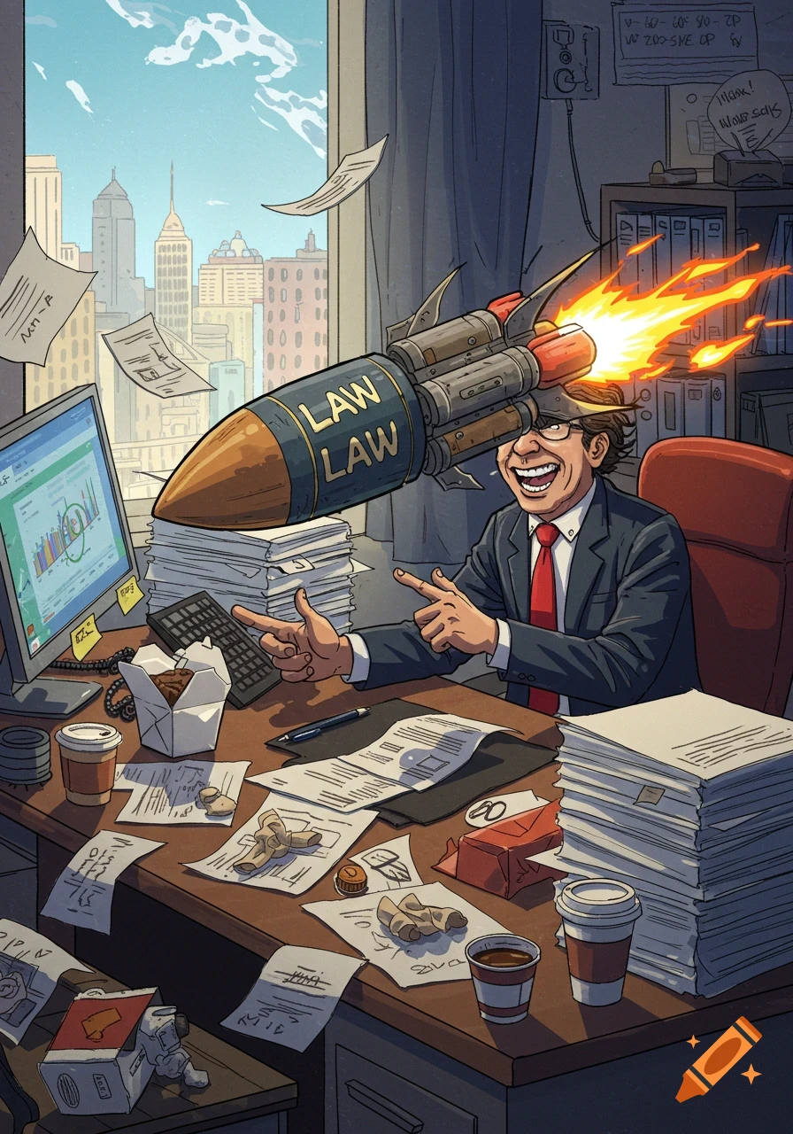 A smiling man in an office suit sits at a messy desk, pointing at a large rocket with "LAW LAW" on it bursting from his head. The office has a city view.