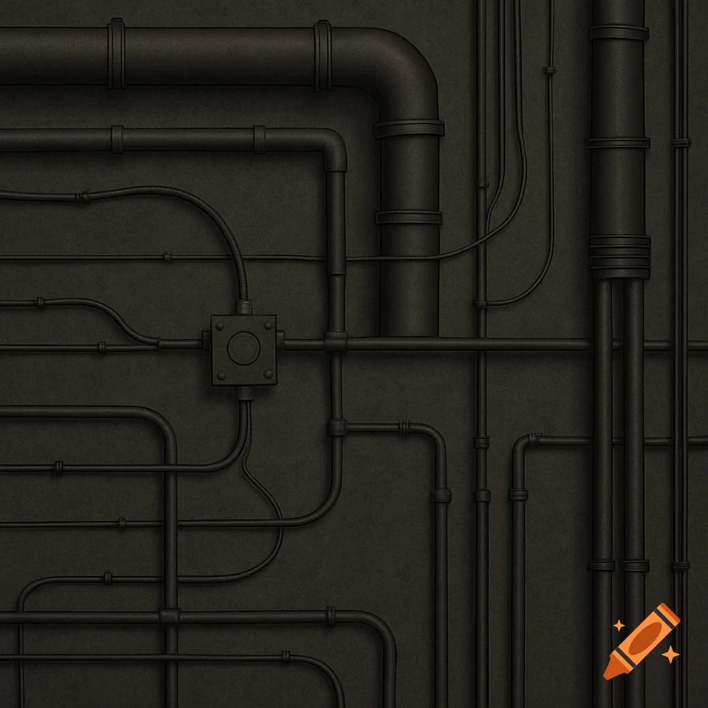 Dark industrial background with a network of black pipes, cables, and an electrical box on a textured wall.