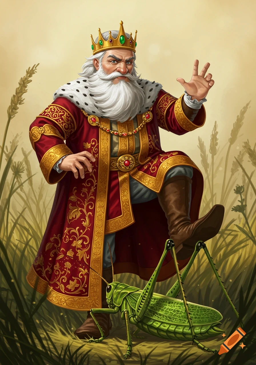A white-bearded king in a red and gold robe steps over a large green grasshopper in a field, in an illustrative style.