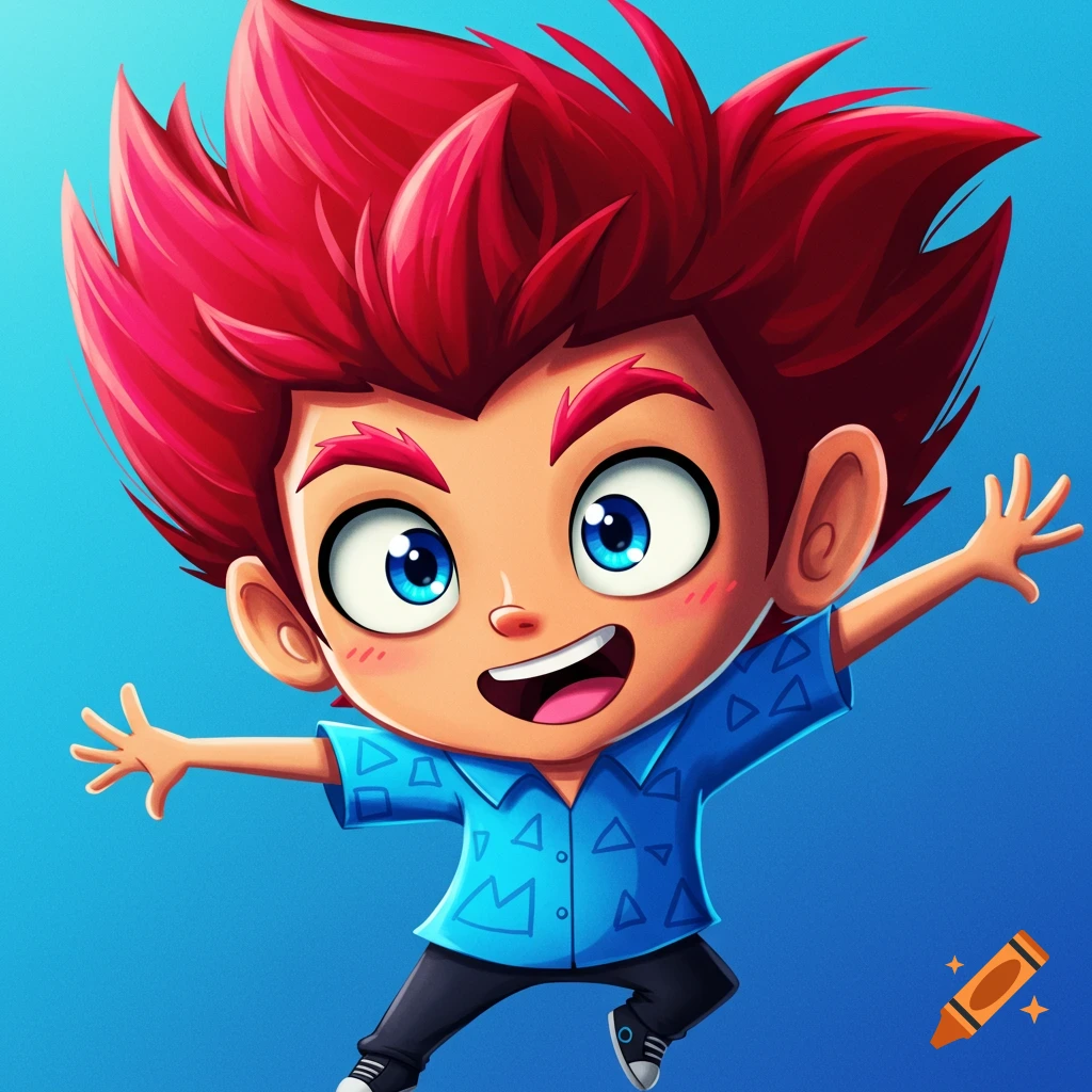 A cute cartoon boy with spiky red hair and a blue shirt, smiling widely with arms outstretched.