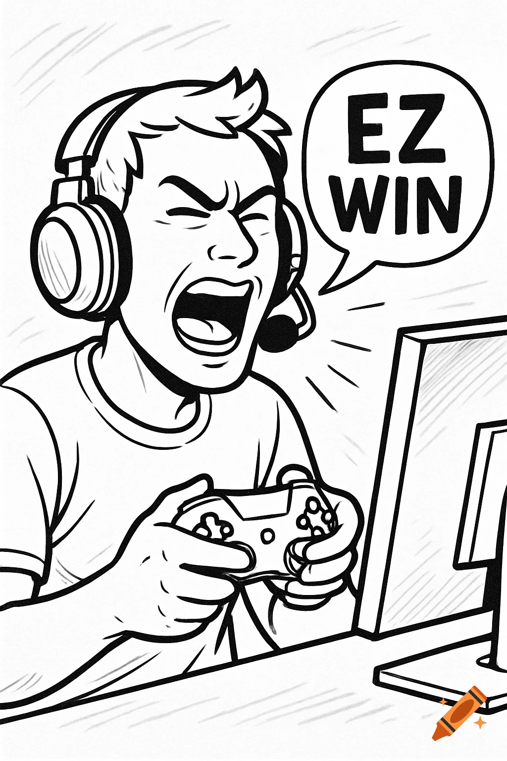 A black and white line art illustration of an excited gamer wearing a headset and holding a controller, yelling "EZ WIN" in a speech bubble.