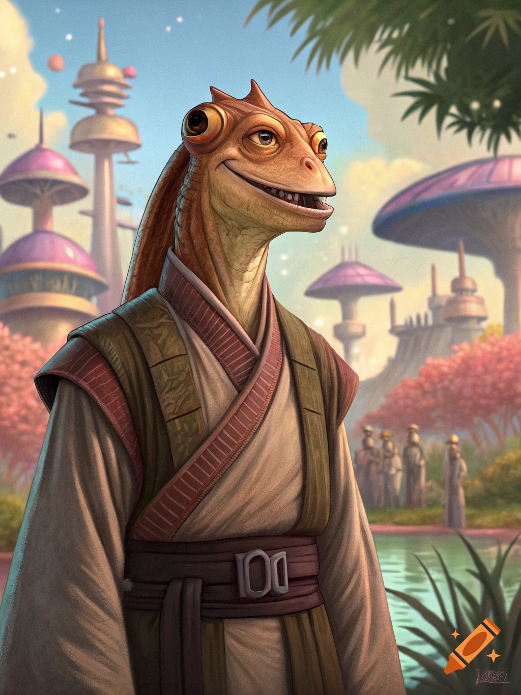 A character resembling Jar Jar Binks in a brown robe, standing in a vibrant alien landscape with futuristic buildings and pink trees.