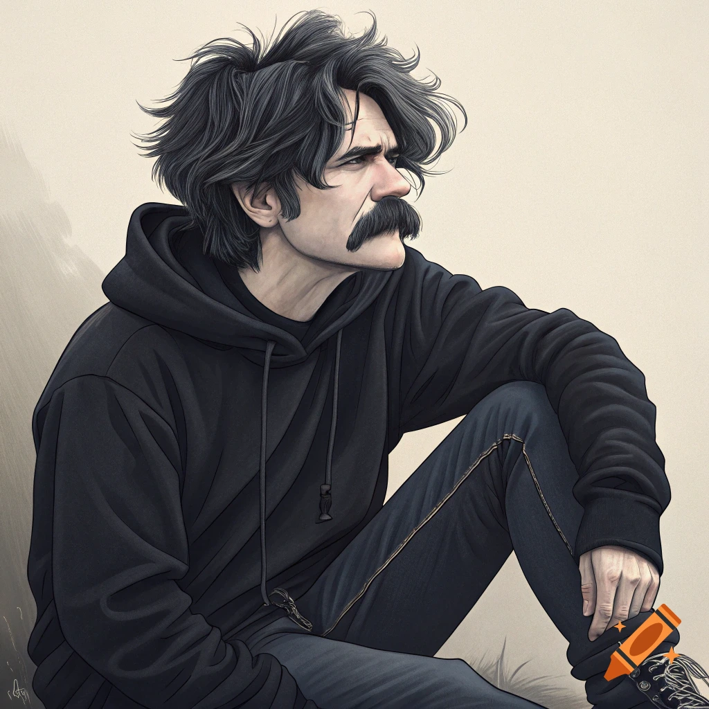 An illustration of Mark Twain in a black hoodie and jeans, with messy dark hair and a large mustache, sitting and looking right.