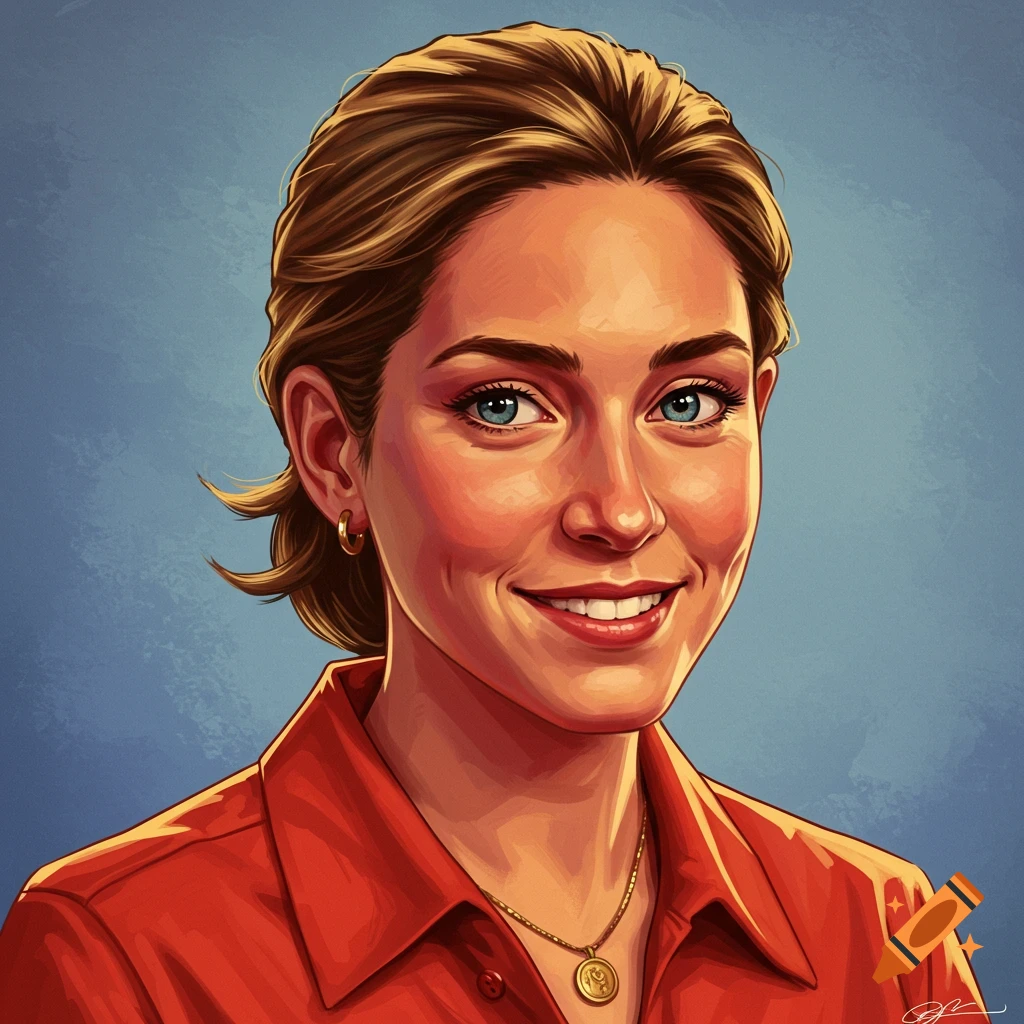 A stylized illustration of a smiling woman with blonde hair, blue eyes, and a red shirt. She wears a gold earring and necklace.