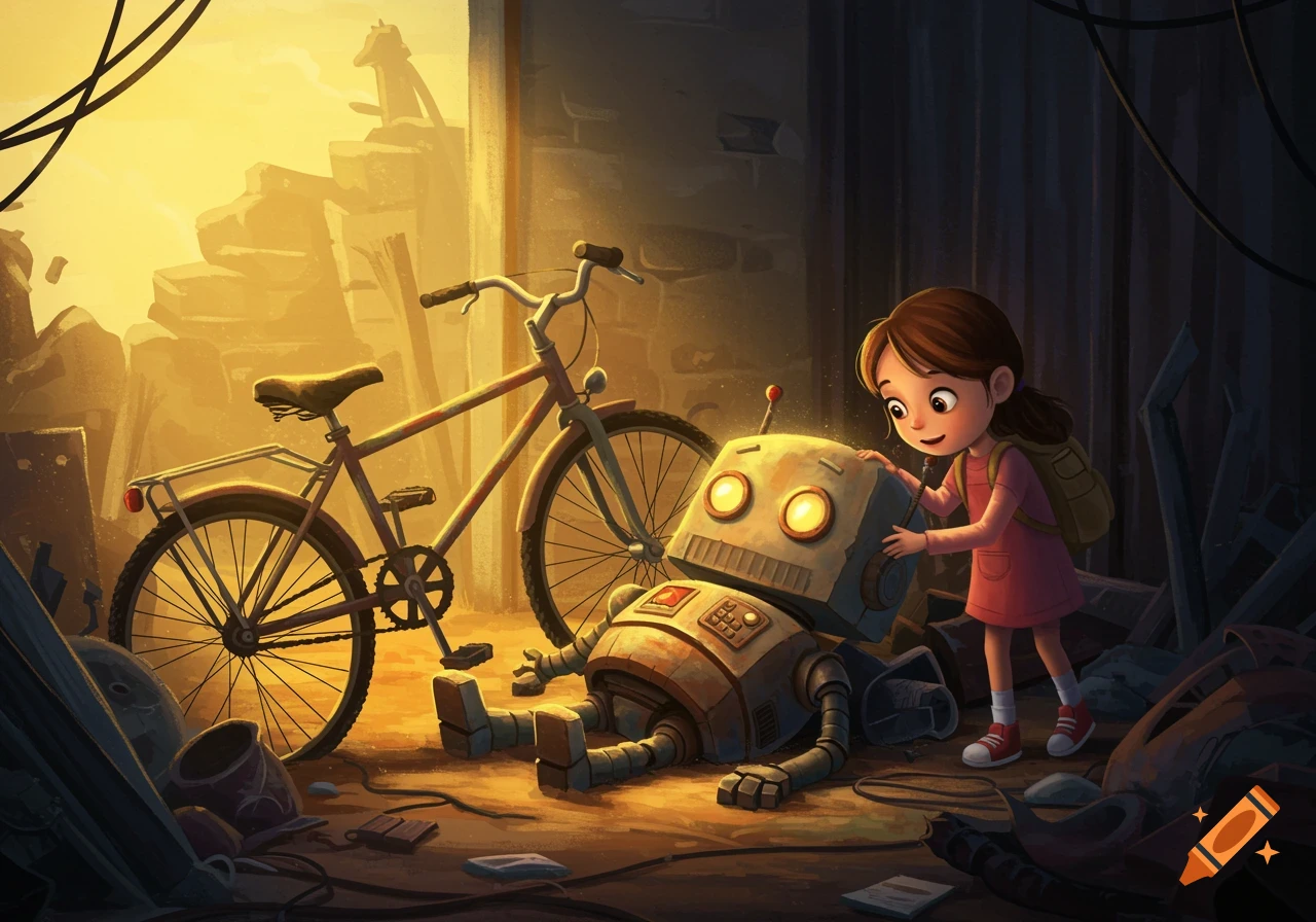 A young girl in a pink dress helps a rusty, broken robot lying next to a bicycle in a warm, junkyard setting. Cartoon style.